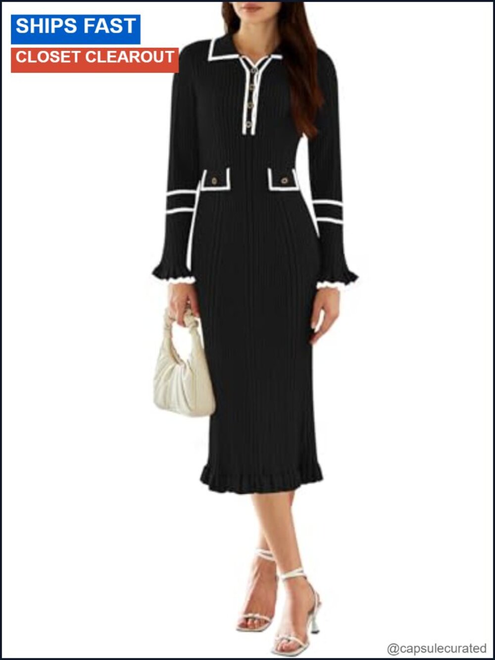 Women's V Neck Bodycon Sweater Dress Long Sleeve Half Button Ribbed Knit Maxi